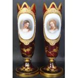 PAIR OF 19TH CENTURY BOHEMIAN RUBY GLASS PORTRAIT VASES