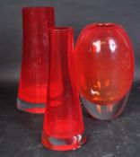 AFTER WHITEFRIARS - THREE RED GLASS VASES