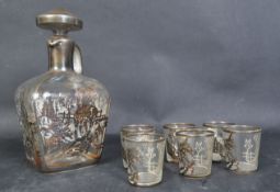 GLASS HUNTING SCENE DECANTER WITH SIX GLASSES