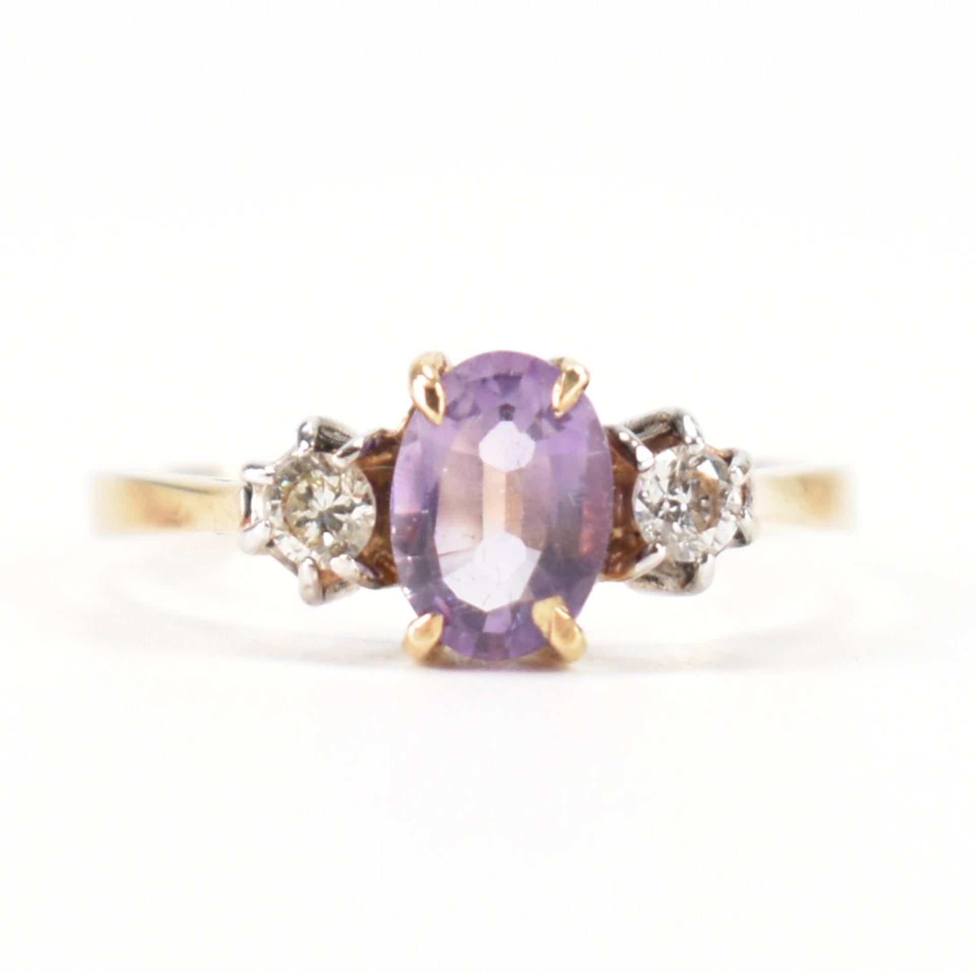 HALLMARKED AMETHYST & DIAMOND THREE STONE RING