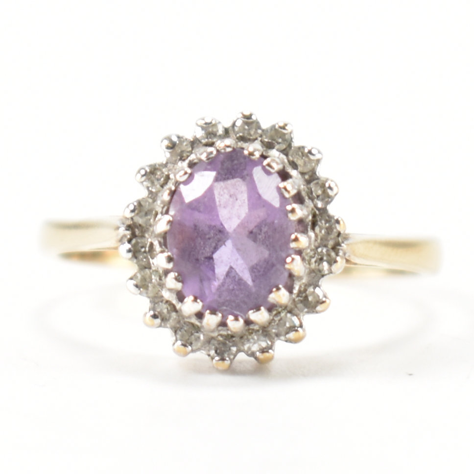 HALLMARKED 9CT GOLD AMETHYST & DIAMOND HALO RING