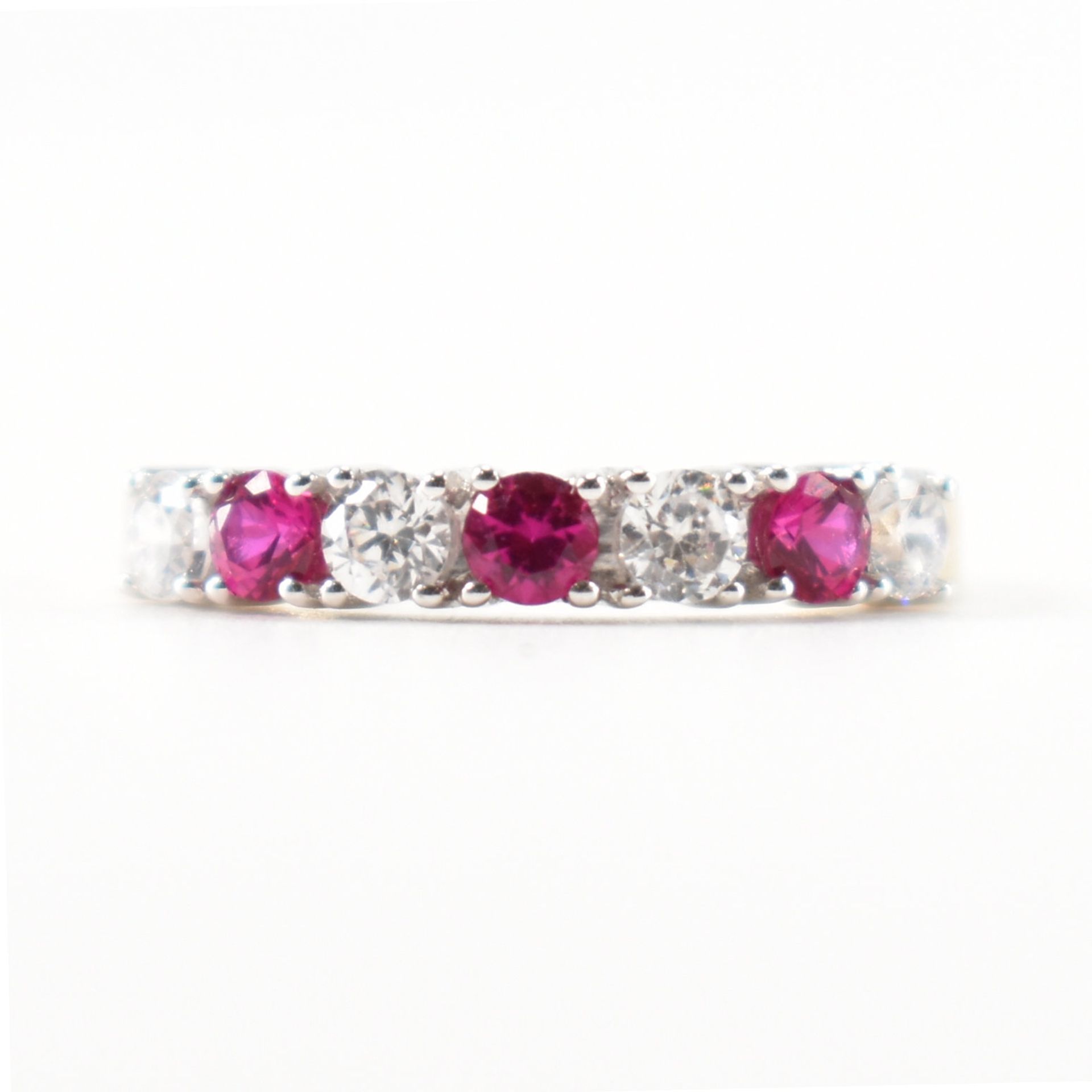 HALLMARKED 9CT GOLD SYNTHETIC RUBY & CZ HALF ETERNITY RING