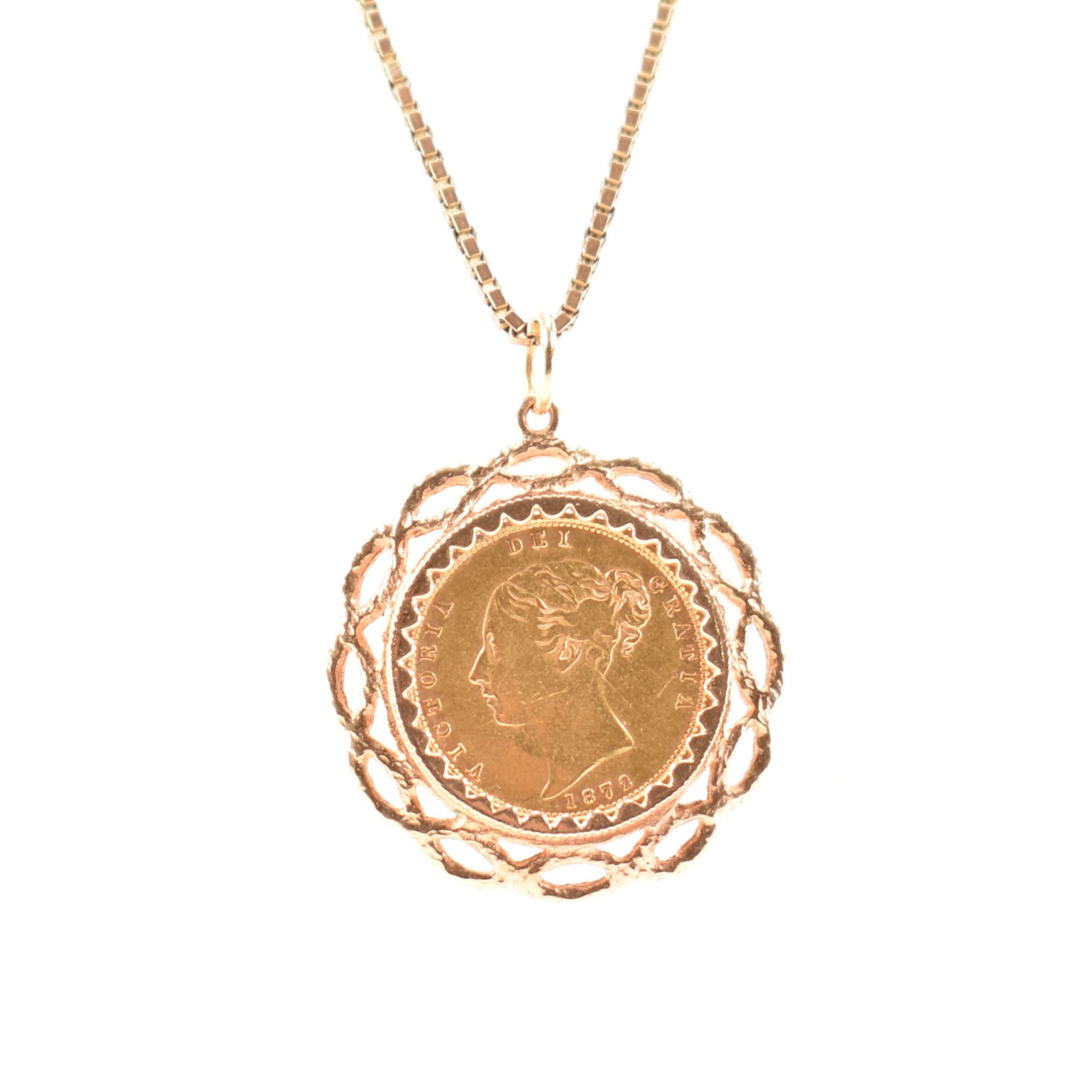 HALLMARKED 9CT GOLD CHAIN & 1872 HALF SOVEREIGN PENDANT