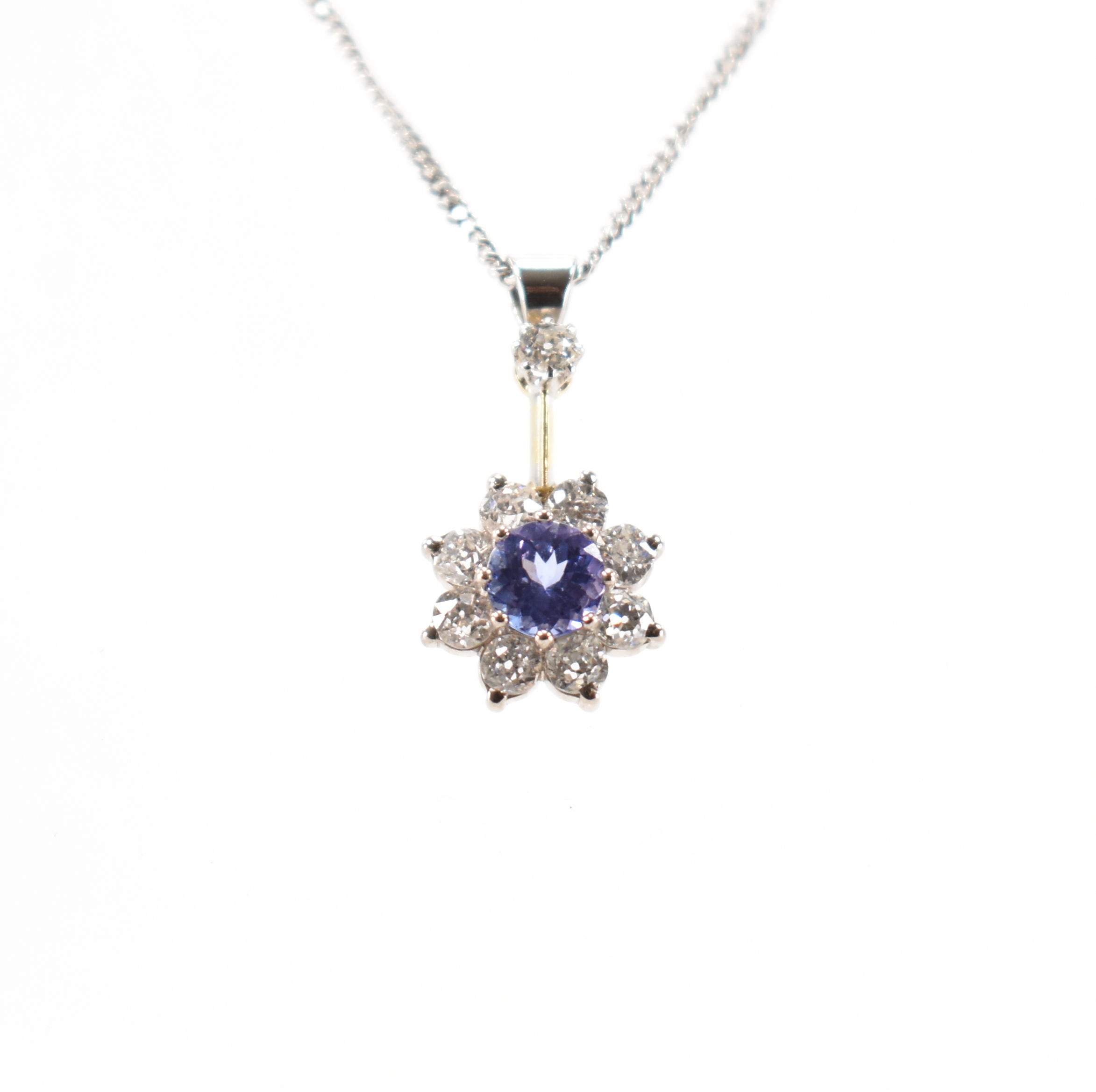 HALLMARKED 9CT WHITE GOLD TANZANITE & DIAMOND PENDANT NECKLACE