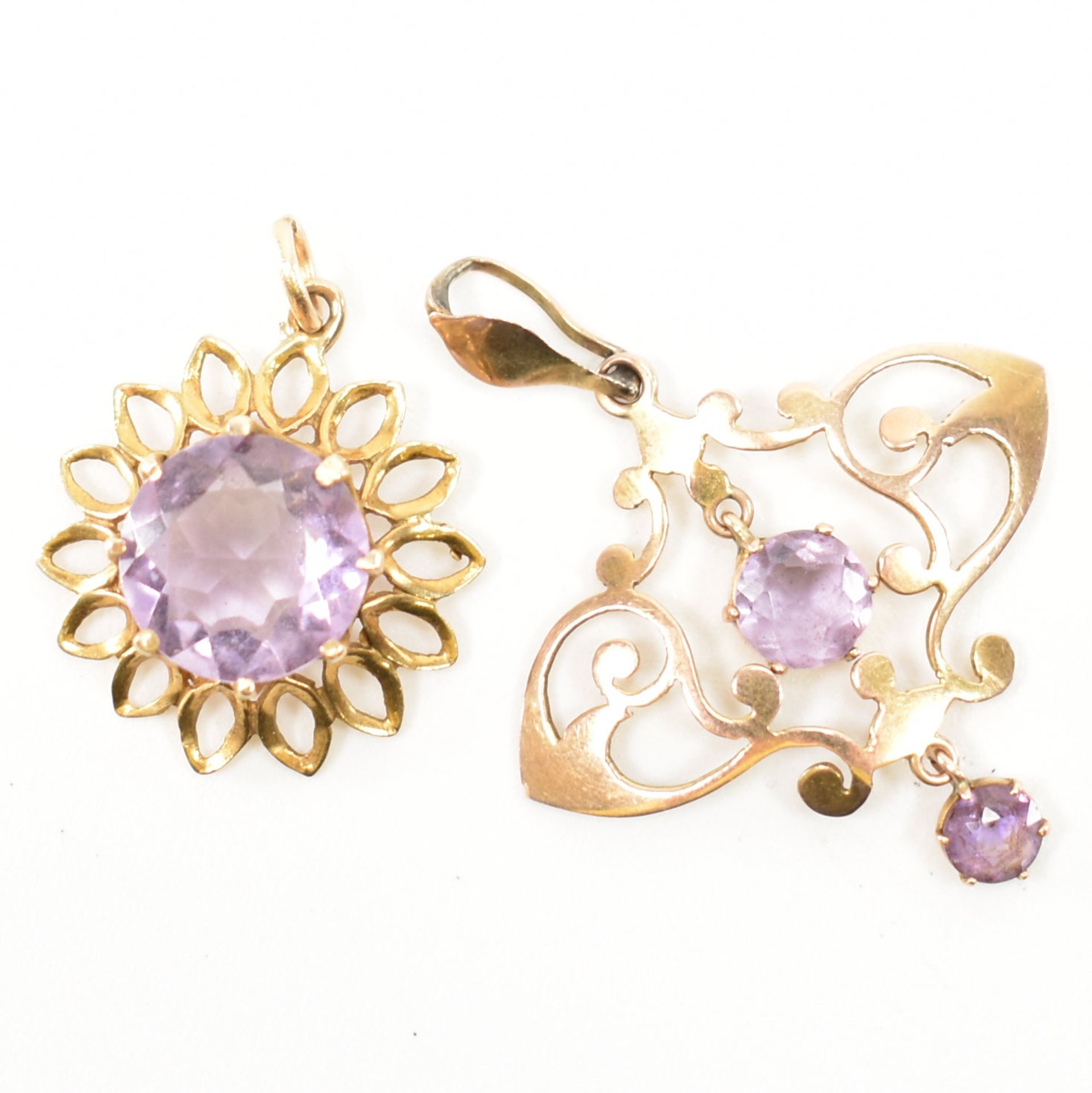 TWO 9CT GOLD & AMETHYST NECKLACE PENDANTS