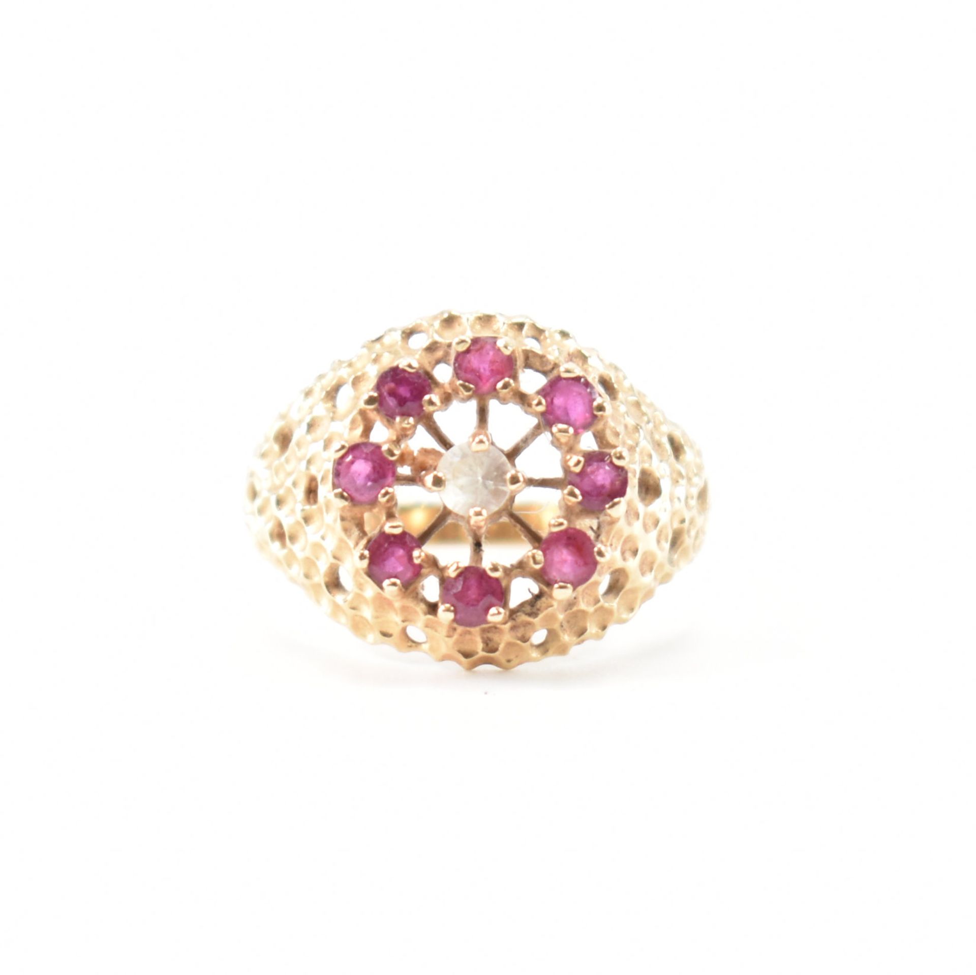 HALLMARKED 9CT GOLD RUBY & WHITE STONE RING