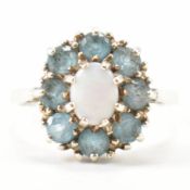 HALLMARKED 9CT GOLD OPAL & BLUE STONE HALO RING