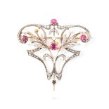 ART NOUVEAU DIAMOND & RUBY WHIPLASH BROOCH