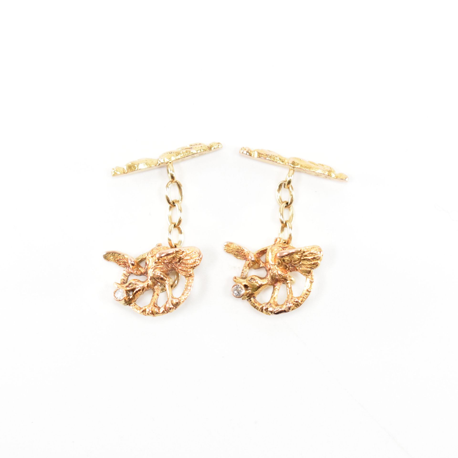 PAIR OF ANTIQUE EDWARDIAN GOLD & DIAMOND PELICAN CUFFLINKS