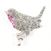 925 SILVER MARCASITE & RUBY ROBIN BROOCH