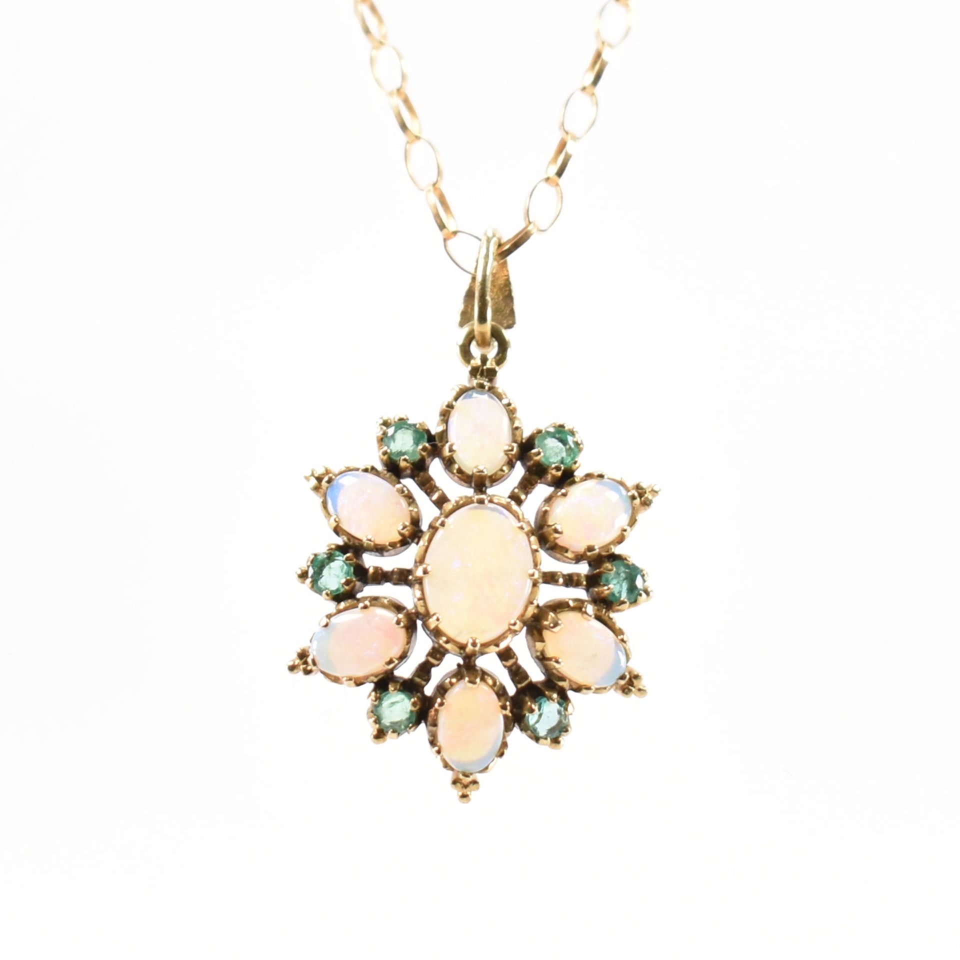 HALLMARKED 9CT GOLD OPAL & GREEN STONE PENDANT NECKLACE