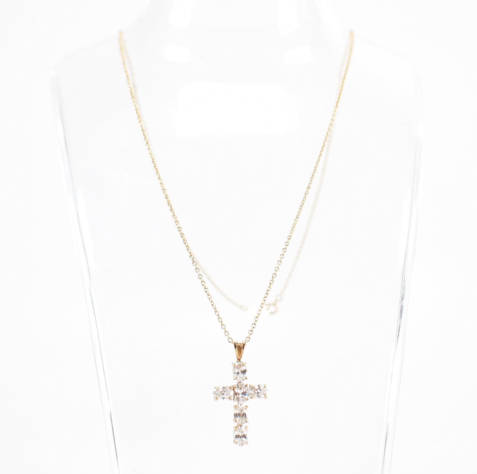 9CT GOLD CHAIN NECKLACE & STONE SET CROSS PENDANT - Image 3 of 7