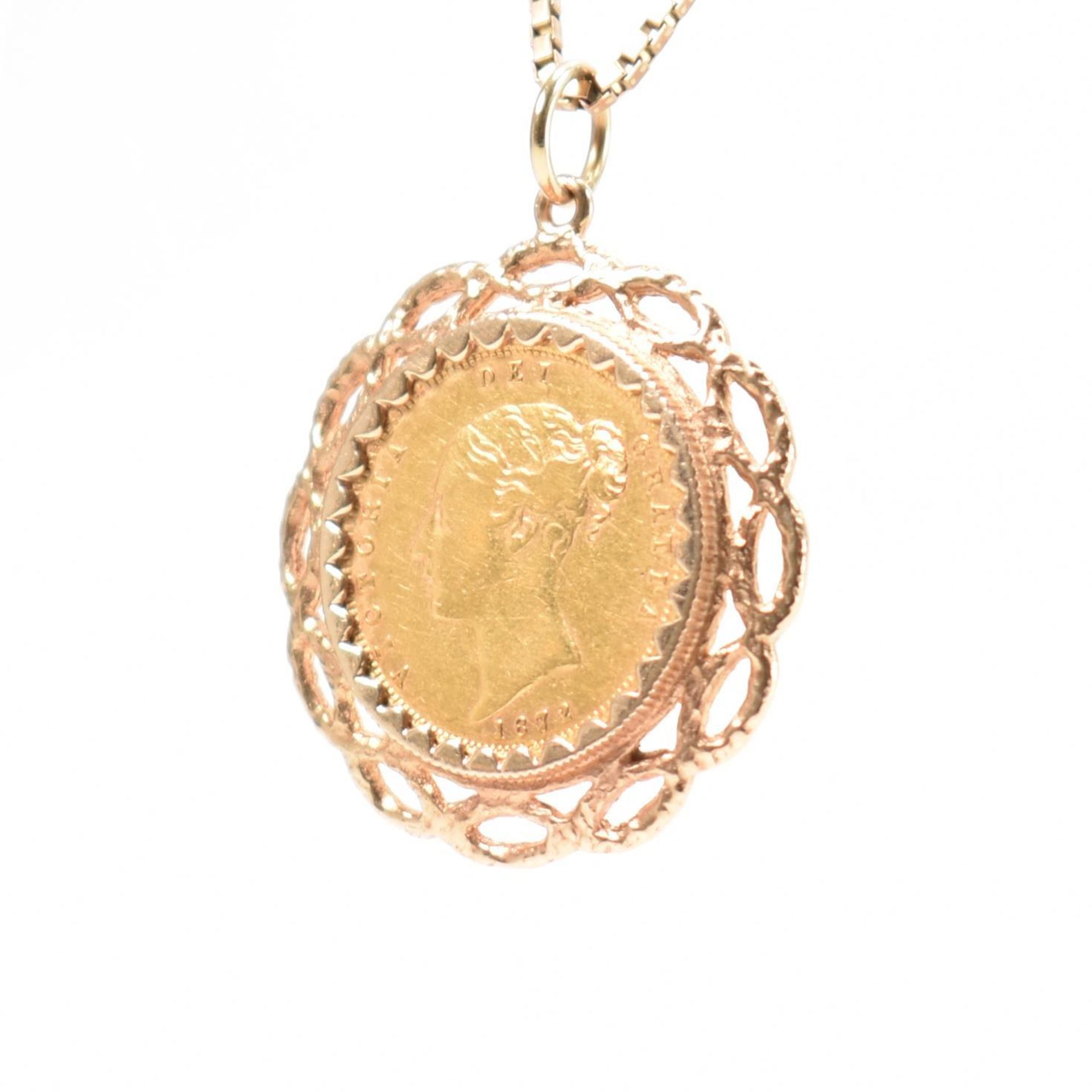 HALLMARKED 9CT GOLD CHAIN & 1872 HALF SOVEREIGN PENDANT - Image 2 of 3