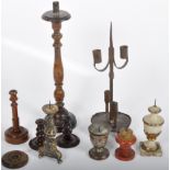 COLLECTION OF 19TH/20TH CANDLE STICK HOLDERS & TREEN
