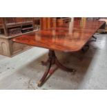 REGENCY STYLE INLAID MAHOGANY TRIPLE PESESTAL DINING TABLE