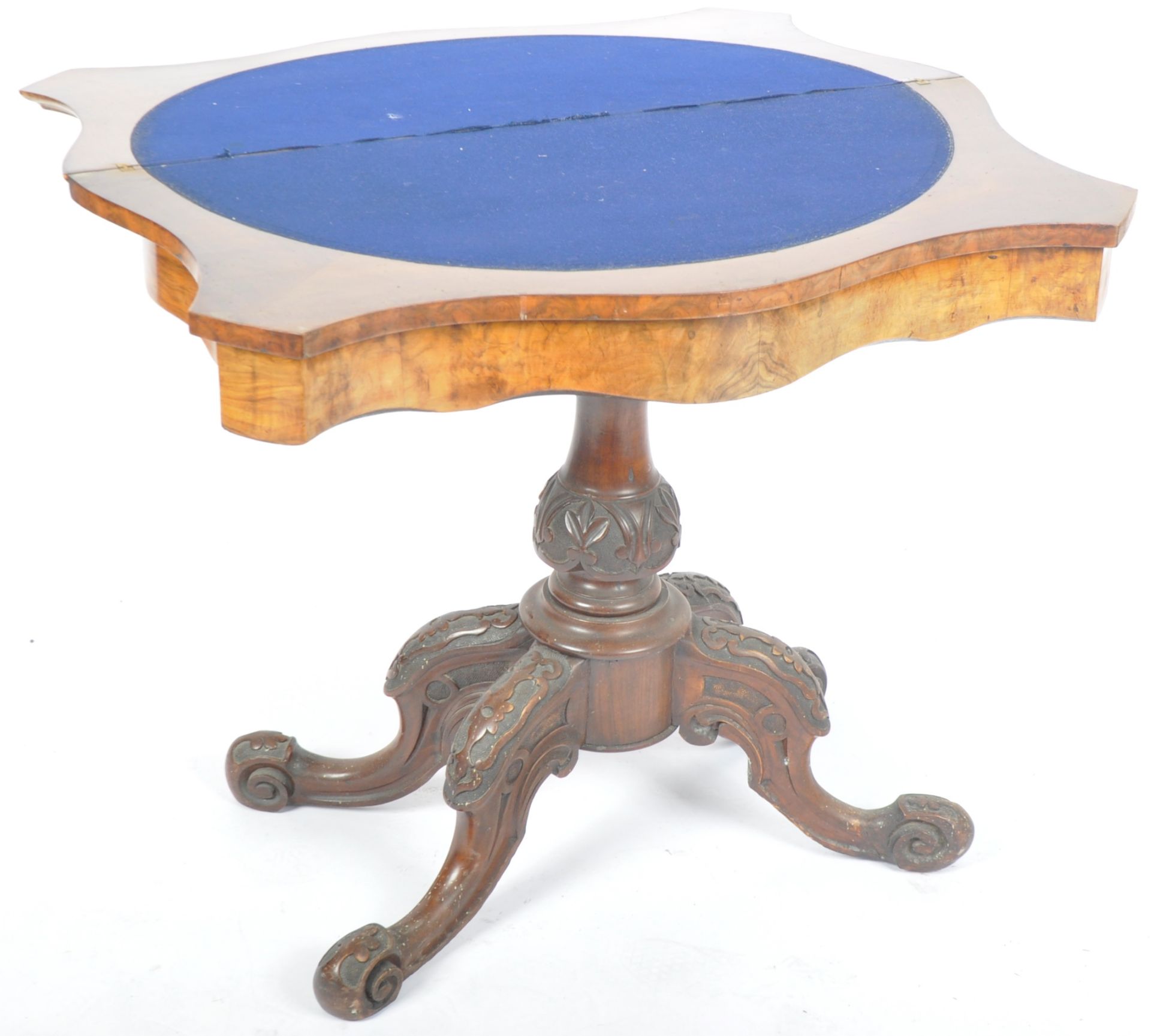 19TH CENTURY VICTORIAN CARVED WALNUT FOLD OVER GAMES / CARD TABLE - Image 3 of 6