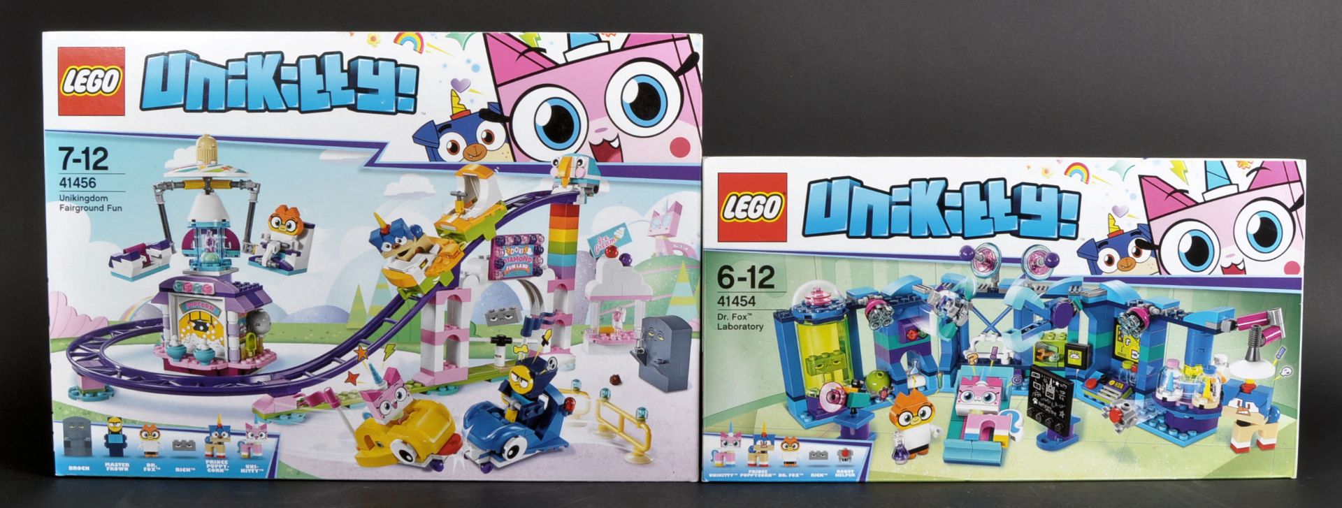 LEGO SETS - TWO UNIKITTY - 41456 - 41454 - UNIKINGDOM FAIRGROUND FUN & DR. FOX LABORATORY