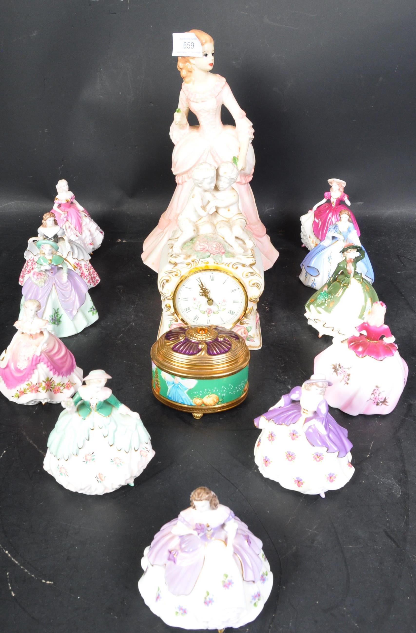 COLLECTION OF COALPORT LADIES WITH FRANKLIN MINT CLOCK