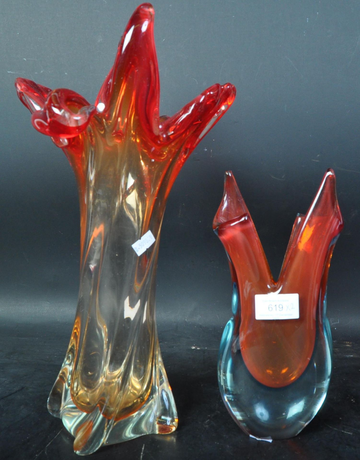 TWO RETRO MID CENTURY MURANO STYLE GLASS VASES - Image 2 of 5