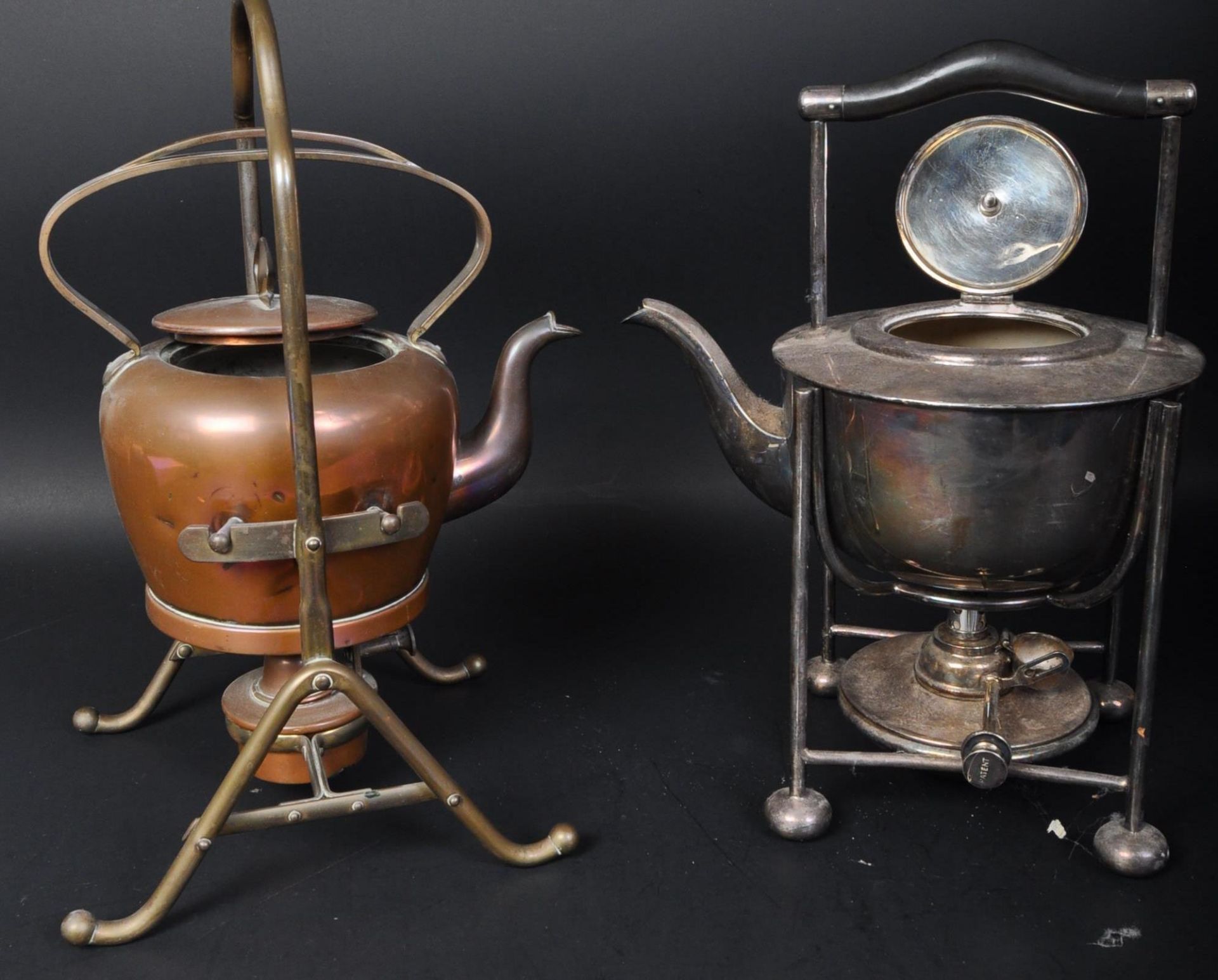 VICTORIAN ARTS & CRAFTS COPPER SPIRIT KETTLE T/W ANOTHER