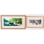 TWO VINTAGE SIGNED PRINTS - SEASCAPE & RIVER SCENE