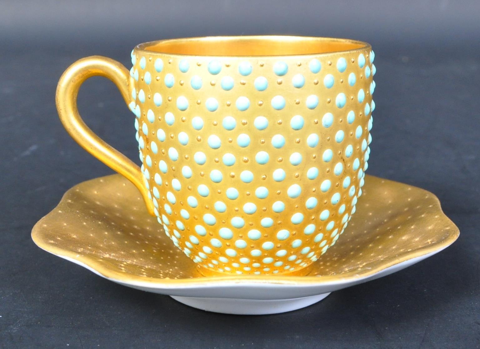 VICTORIAN COALPORT PORCELAIN TURQUOISE BEADED CUP & SAUCER - Image 2 of 5
