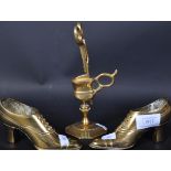 PAIR OF DECRORATIVE BRASS BOOTS & CANDLE SNUFF