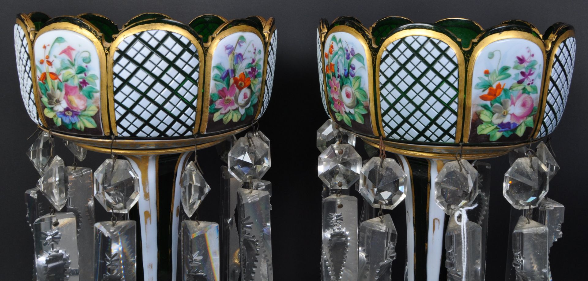 PAIR VICTORIAN BOHEMIAN GREEN GLASS & ENAMEL LUSTRES - Image 4 of 7