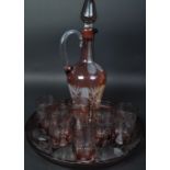 20TH CENTURY CRANBERRY GLASS DECANTER TRAY AND GLASSES