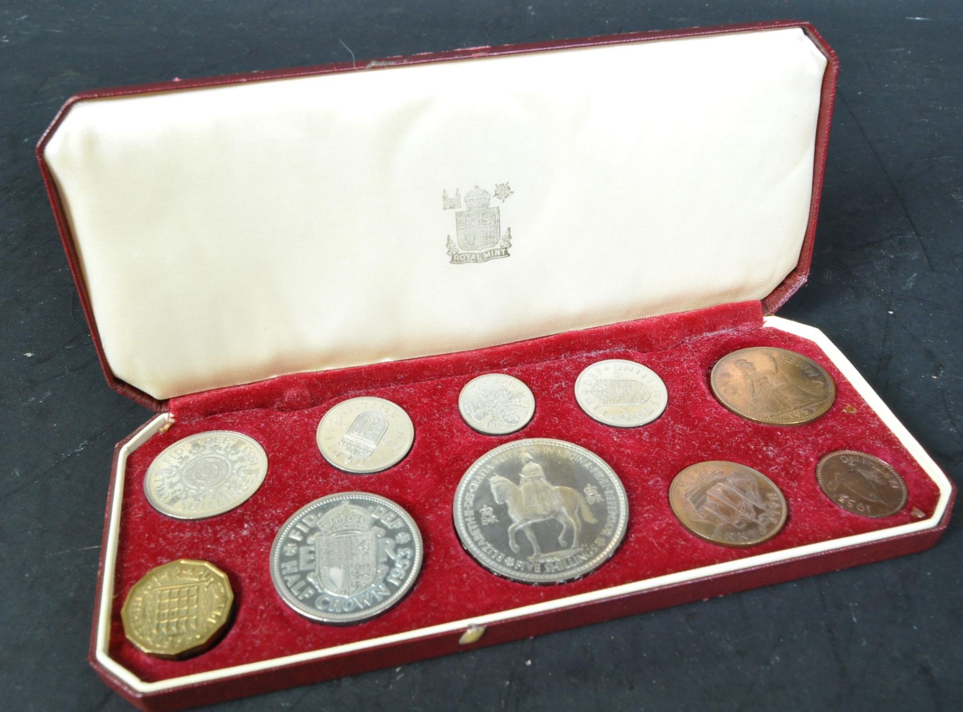 VINTAGE 1953 ENGLISH COINAGE SET IN RED LEATHER CASE