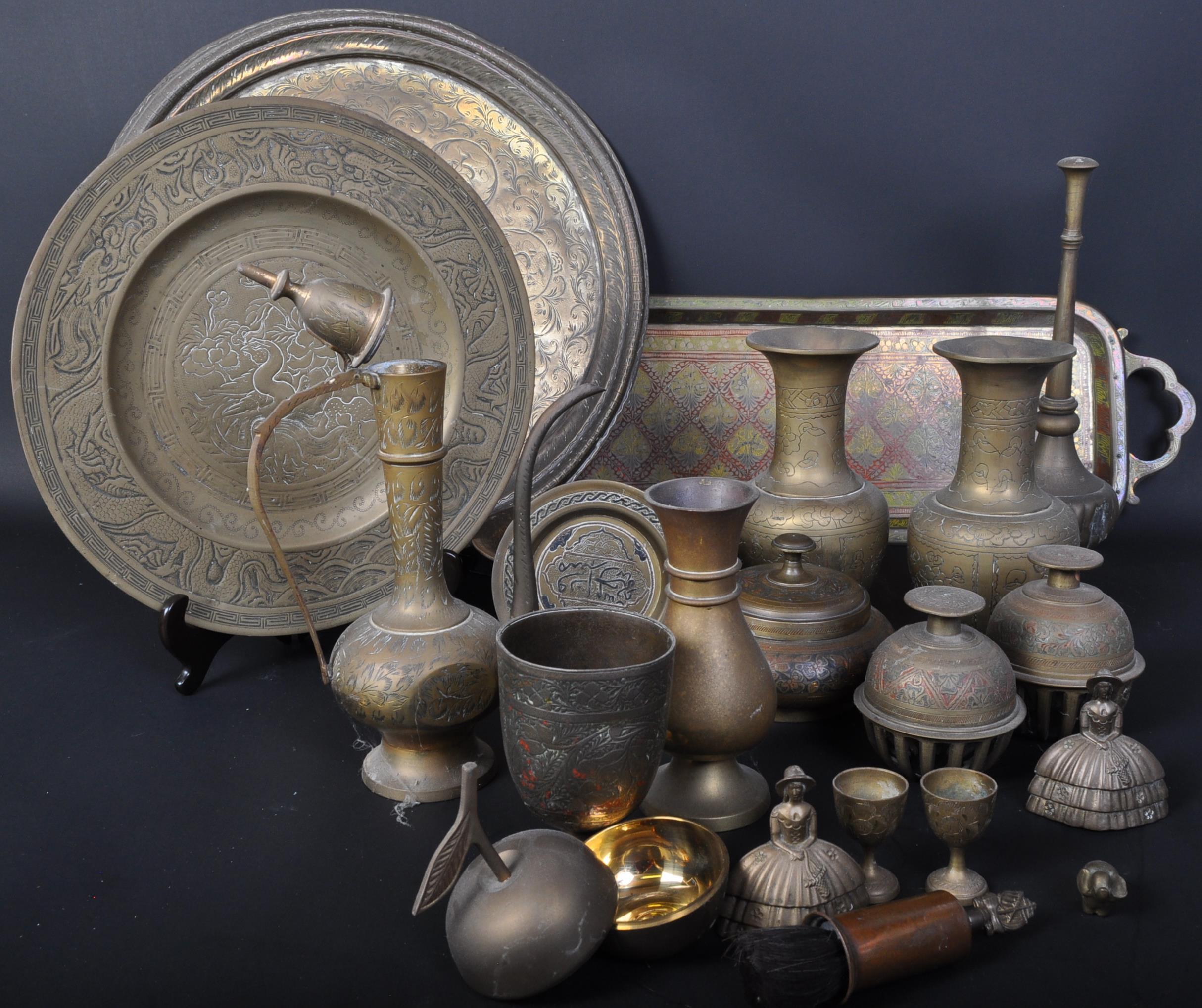 COLLECTION INDIAN ENGRAVED BRASS ITEMS