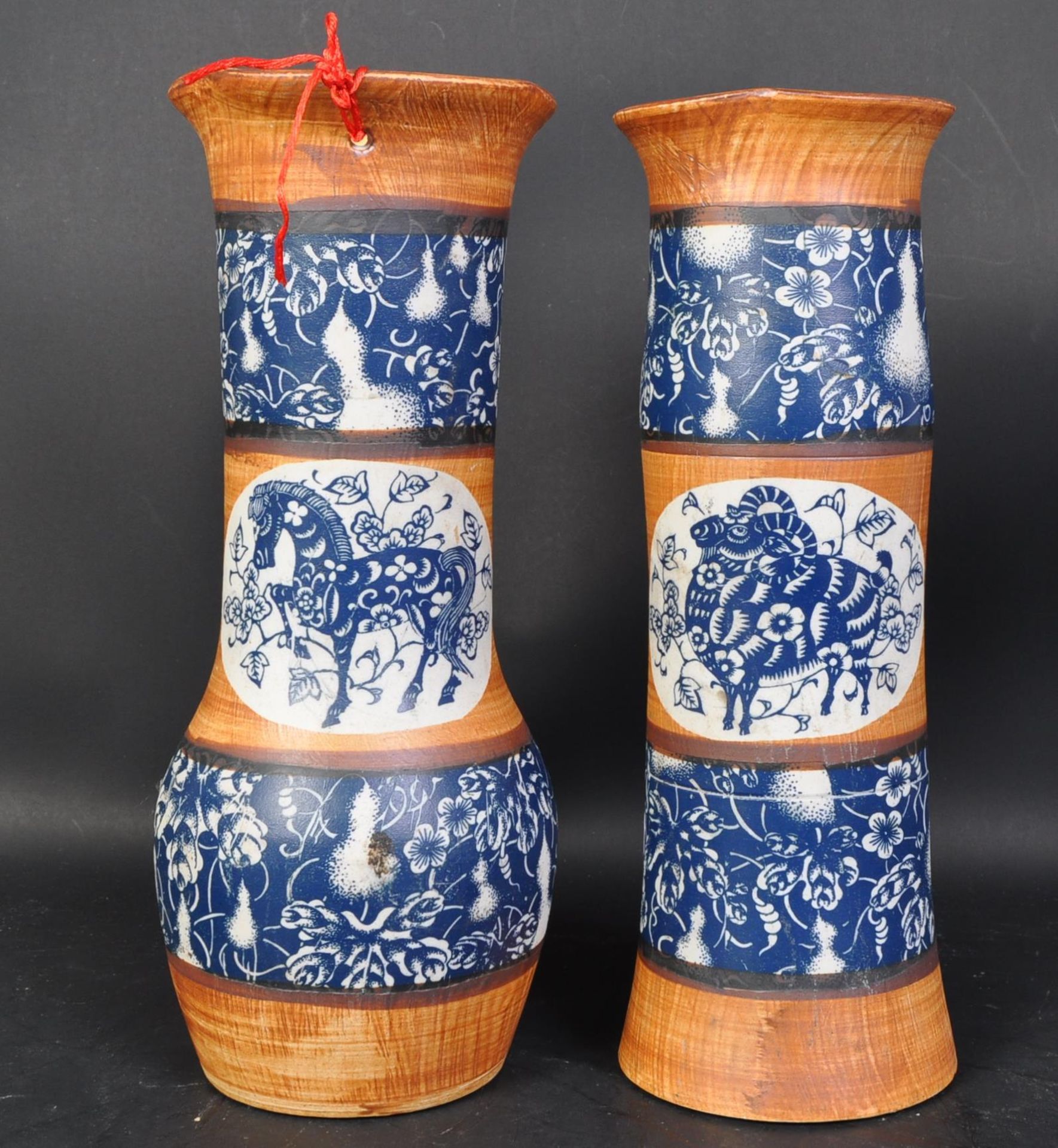 PAIR OF CHINESE POTTERY GU VASES - RAM & HORSE