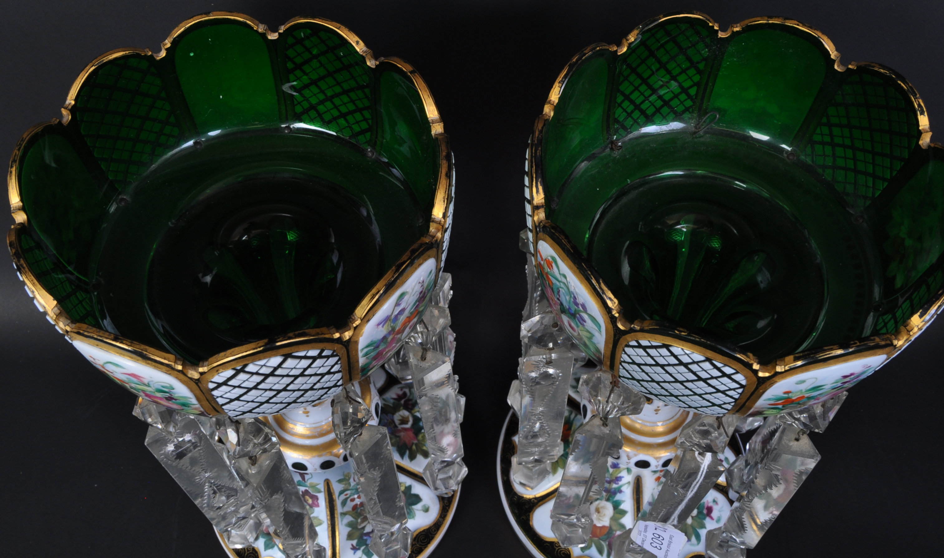 PAIR VICTORIAN BOHEMIAN GREEN GLASS & ENAMEL LUSTRES - Image 5 of 7
