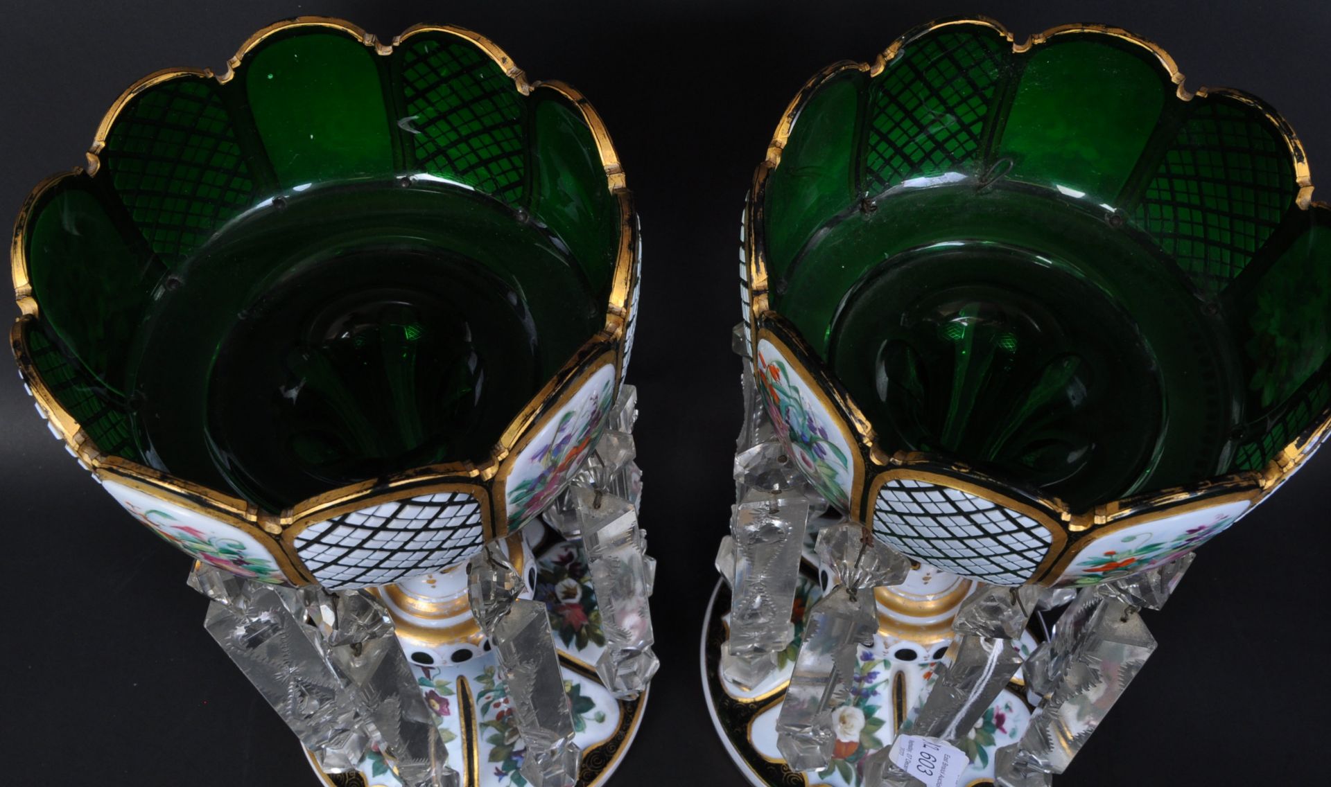 PAIR VICTORIAN BOHEMIAN GREEN GLASS & ENAMEL LUSTRES - Bild 5 aus 7