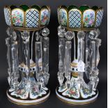 PAIR VICTORIAN BOHEMIAN GREEN GLASS & ENAMEL LUSTRES