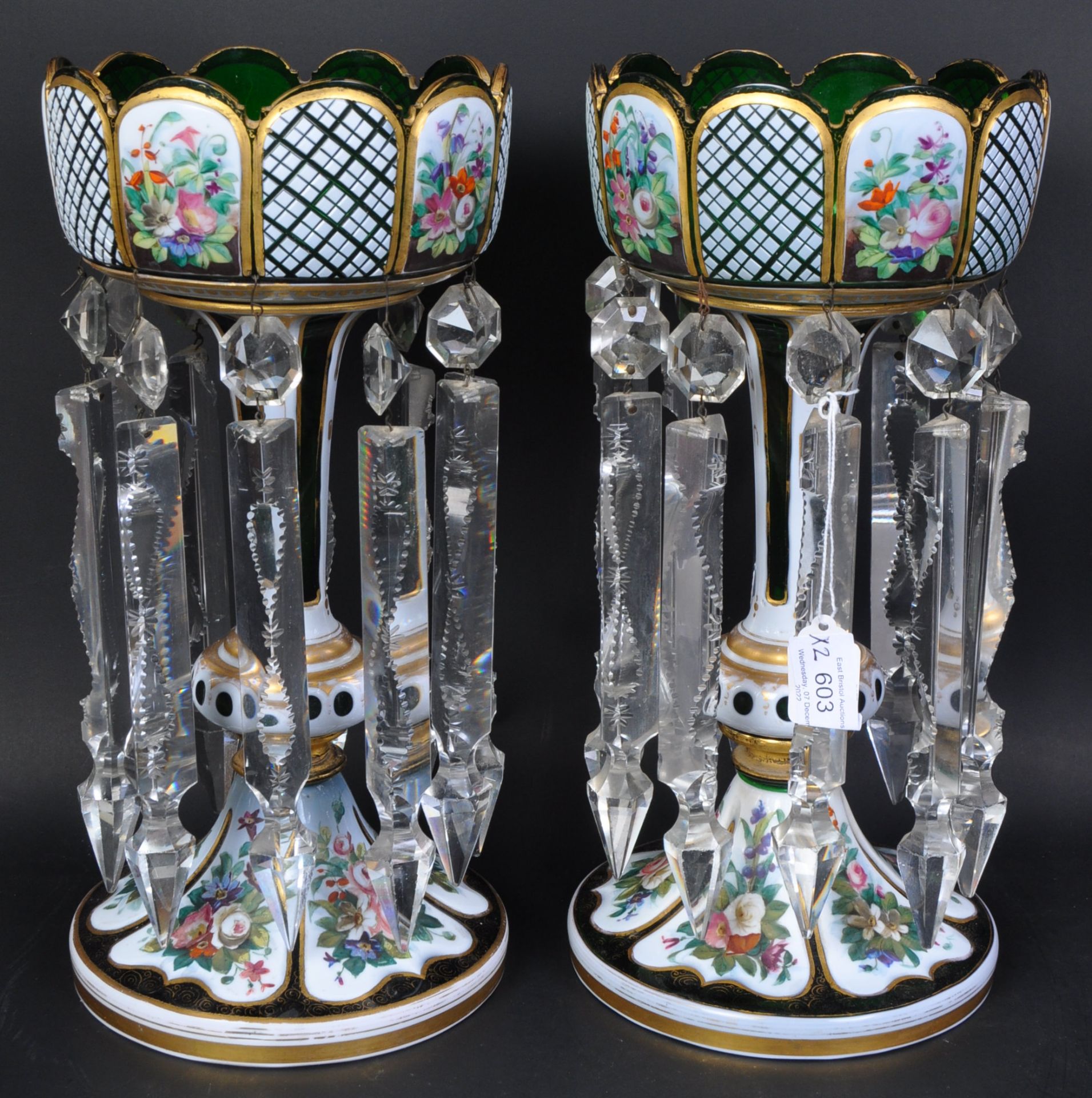 PAIR VICTORIAN BOHEMIAN GREEN GLASS & ENAMEL LUSTRES