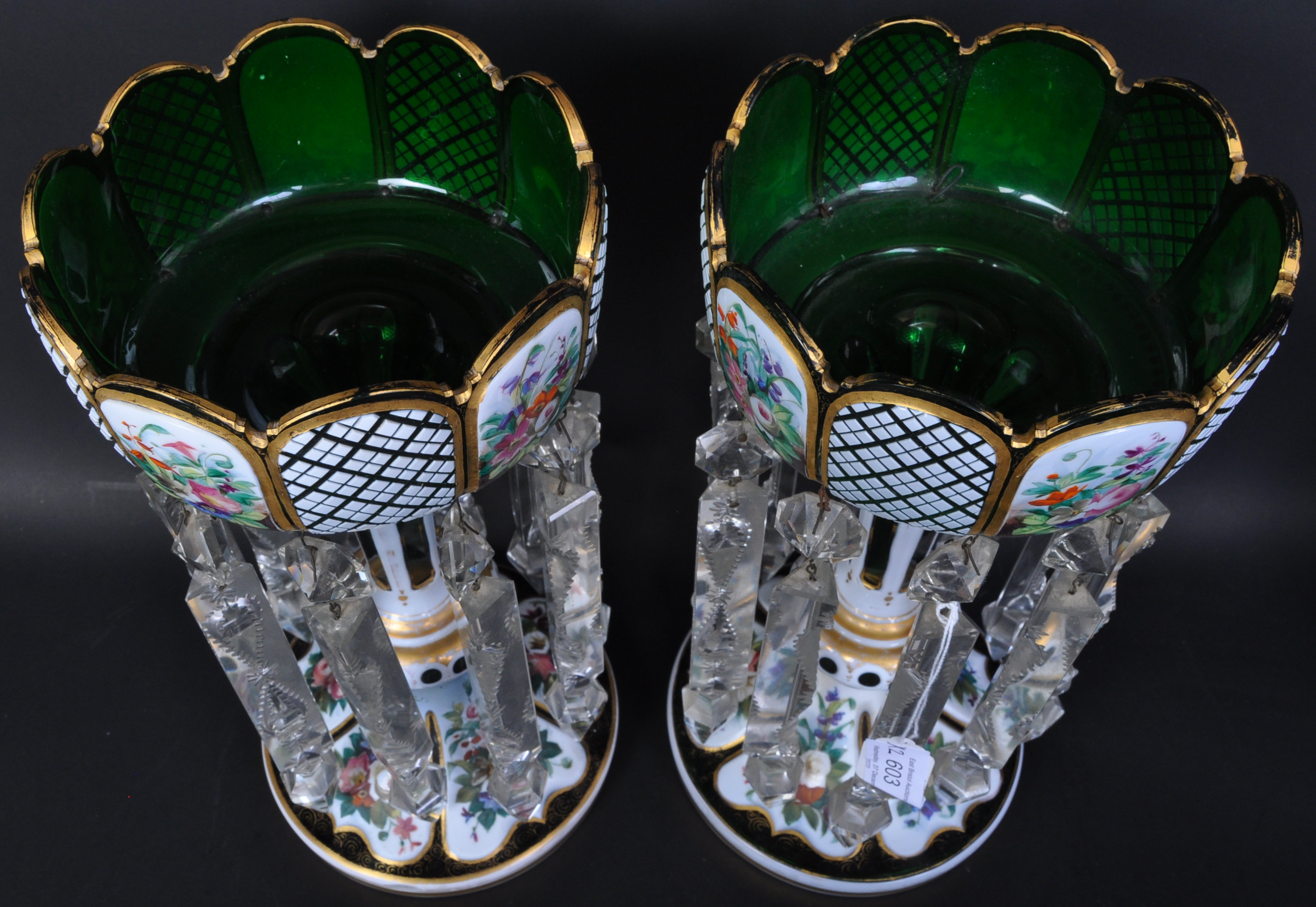 PAIR VICTORIAN BOHEMIAN GREEN GLASS & ENAMEL LUSTRES - Image 6 of 7