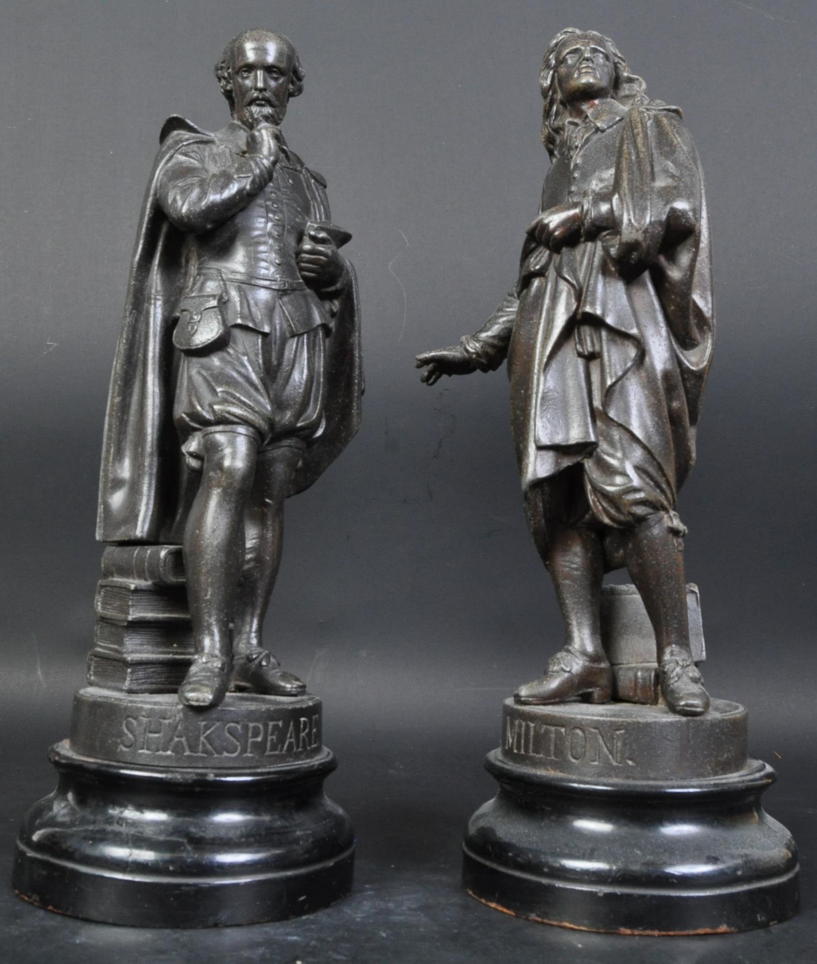 PAIR VICTORIAN MILTON SHAKESPEARE SPELTER FIGURINES