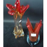 TWO RETRO MID CENTURY MURANO STYLE GLASS VASES