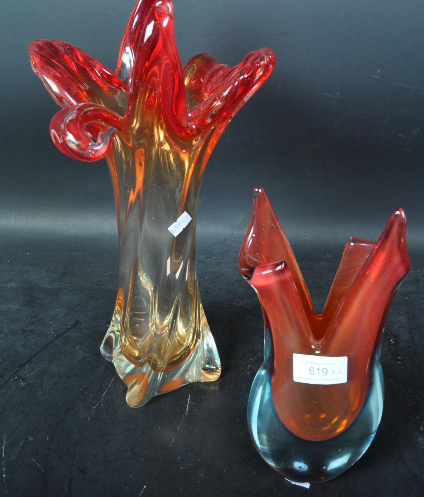 TWO RETRO MID CENTURY MURANO STYLE GLASS VASES