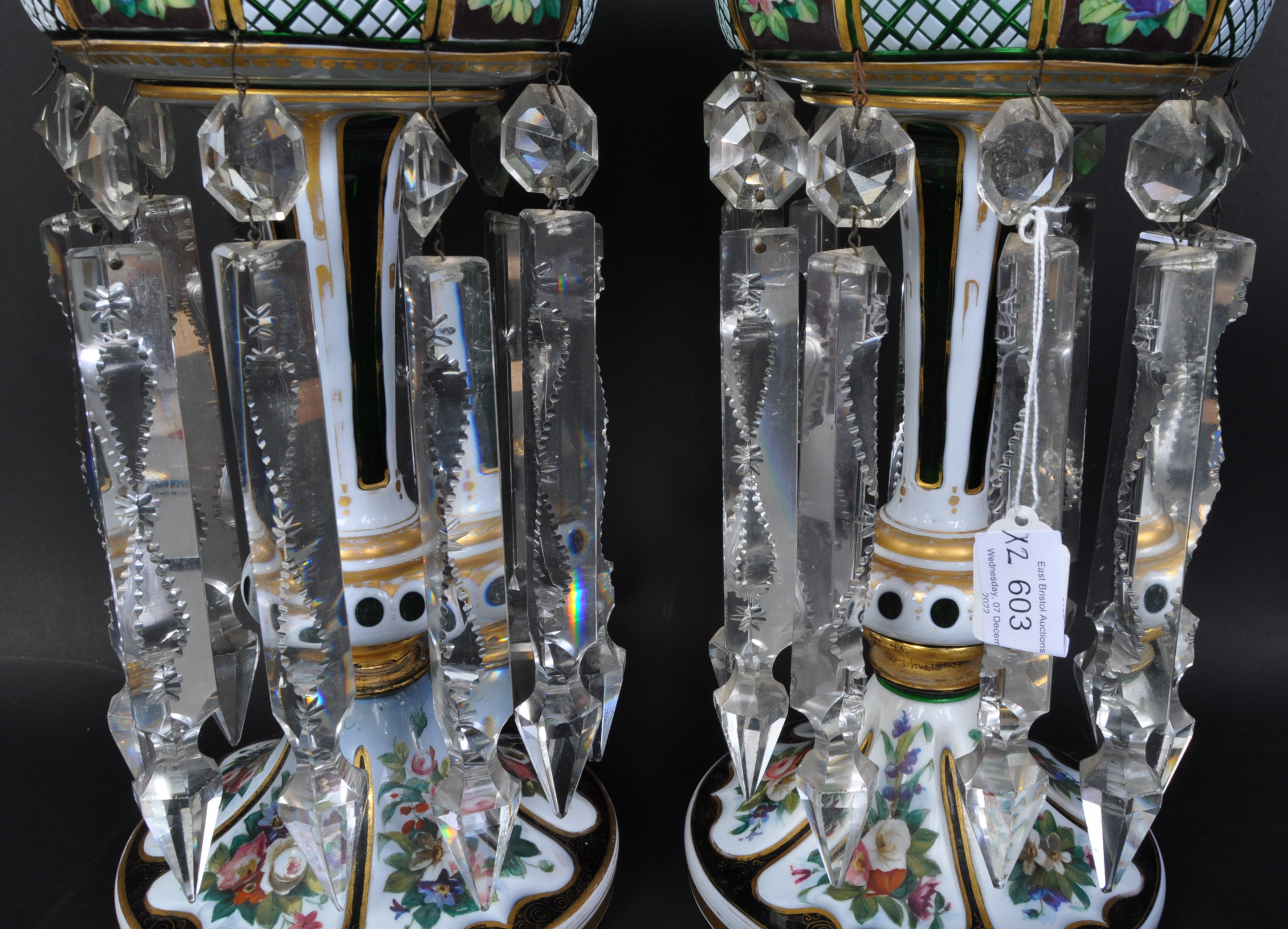 PAIR VICTORIAN BOHEMIAN GREEN GLASS & ENAMEL LUSTRES - Image 3 of 7