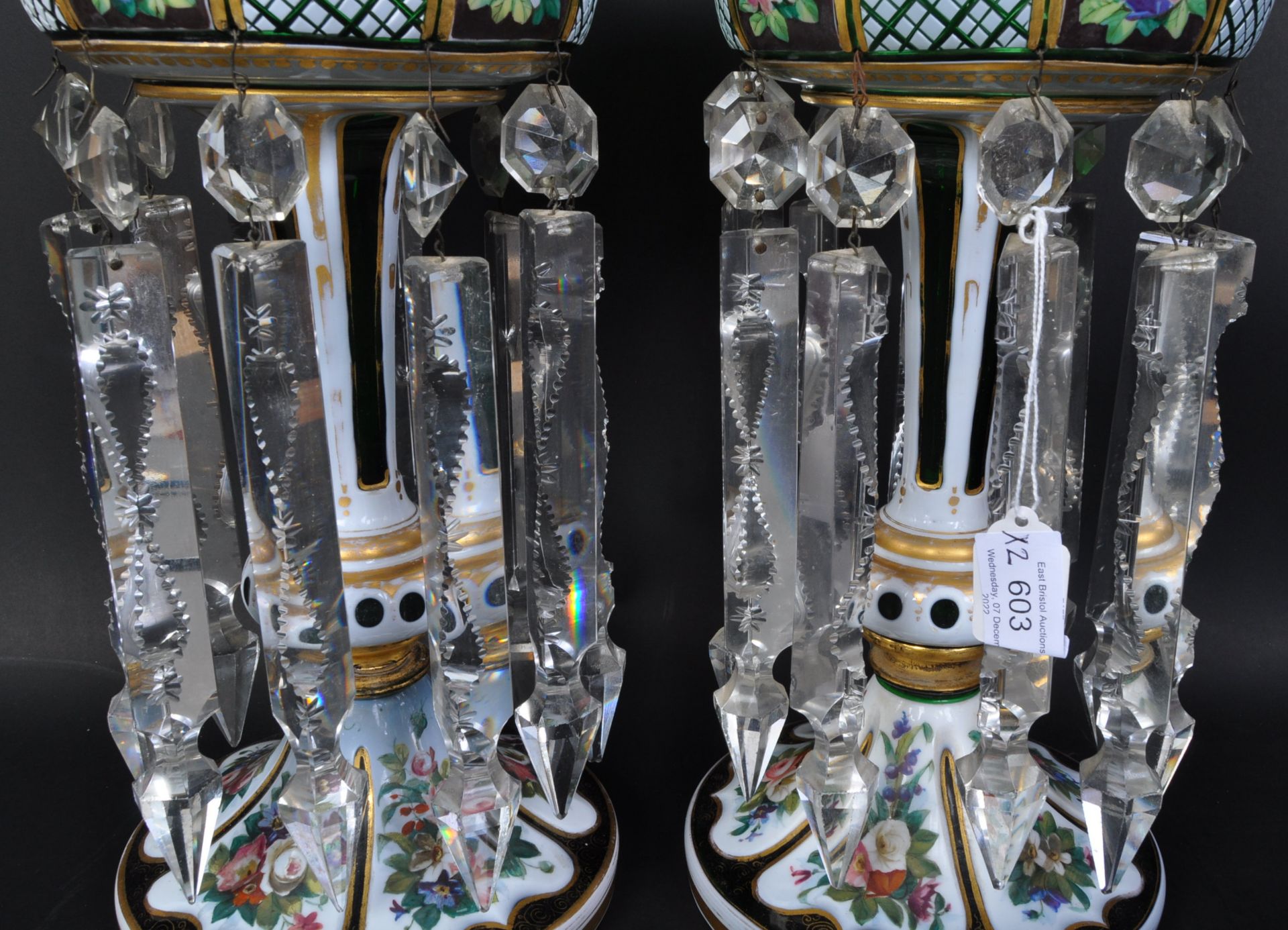 PAIR VICTORIAN BOHEMIAN GREEN GLASS & ENAMEL LUSTRES - Bild 3 aus 7