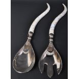 A PAIR OF VINTAGE MOTHER OF PEARL INLAID SALAD SERVERS