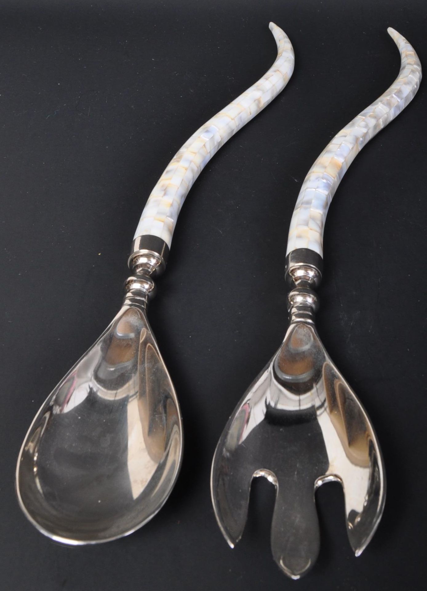 A PAIR OF VINTAGE MOTHER OF PEARL INLAID SALAD SERVERS