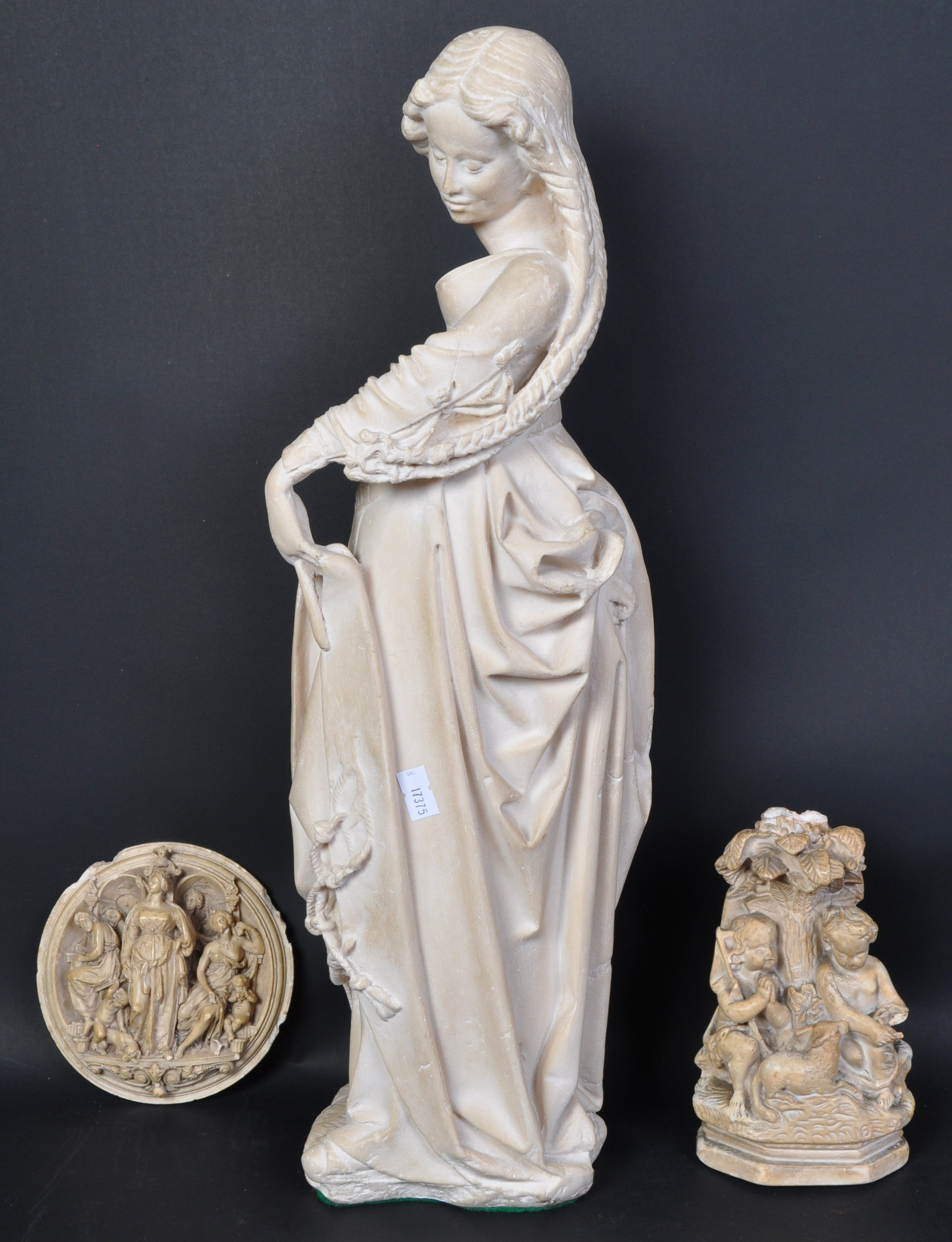 LARGE STATUE FAUX MARBLE FIGURINE WITH CARVED EXAMPLES