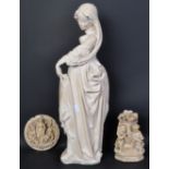 LARGE STATUE FAUX MARBLE FIGURINE WITH CARVED EXAMPLES