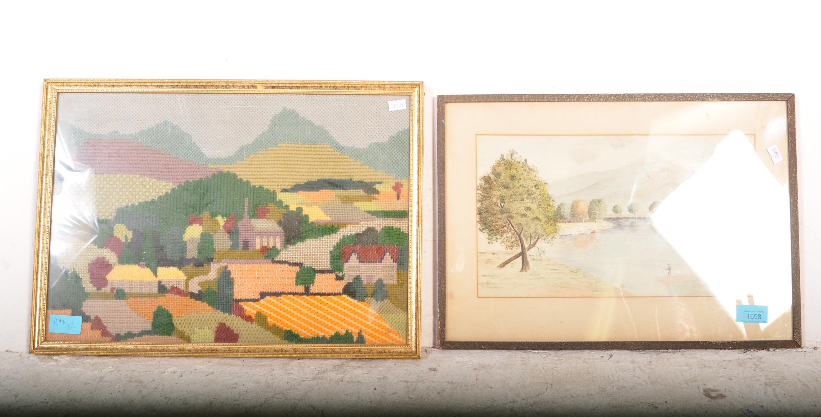 EARLY 20TH CENTURY J M AUSTIN LANDSCAPE & CROSS STITCH PICTURE