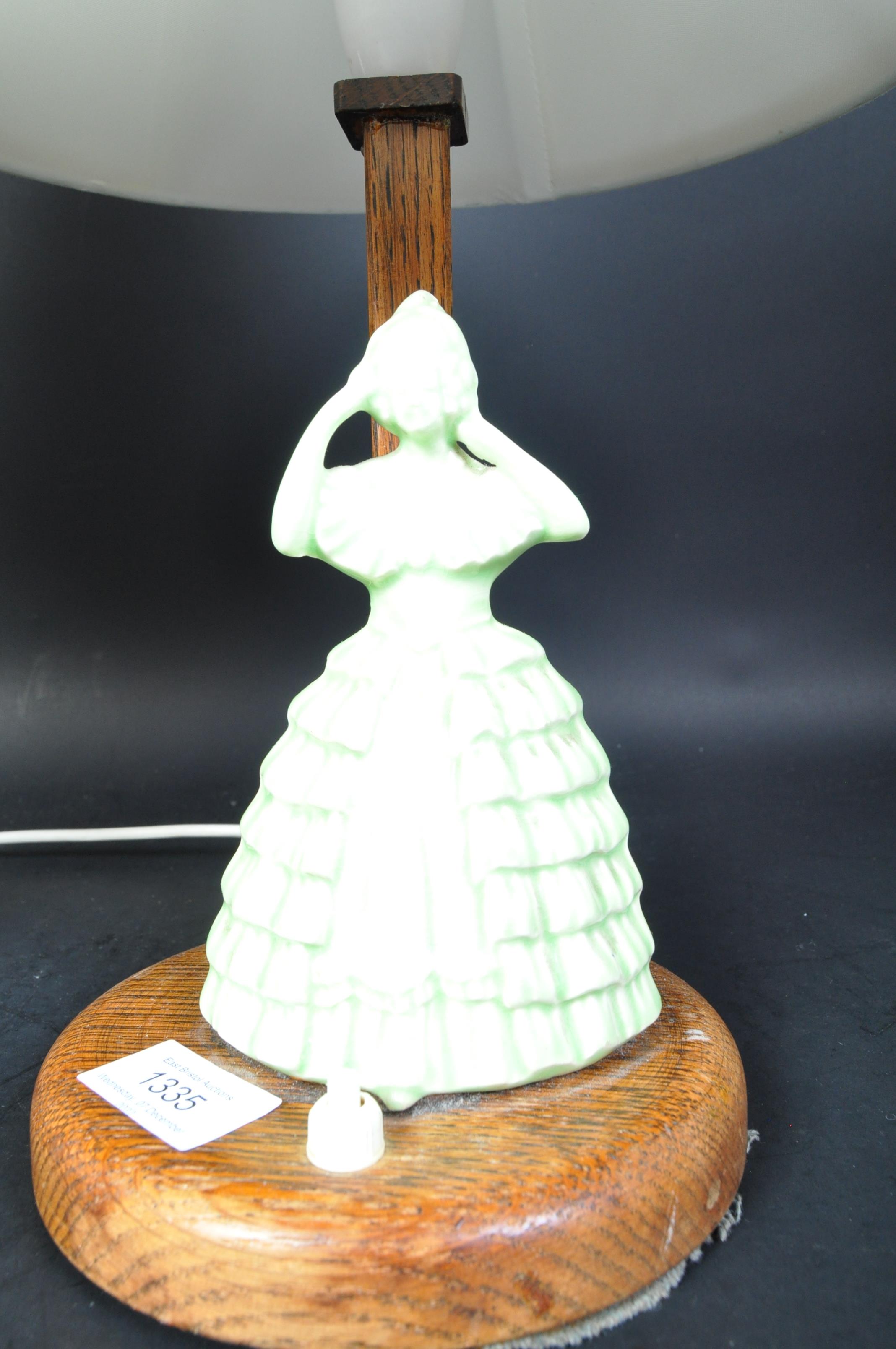 PAIR OF 1930'S ART DECO OAK & CRINOLINE LADY TABLE LAMPS - Image 4 of 5