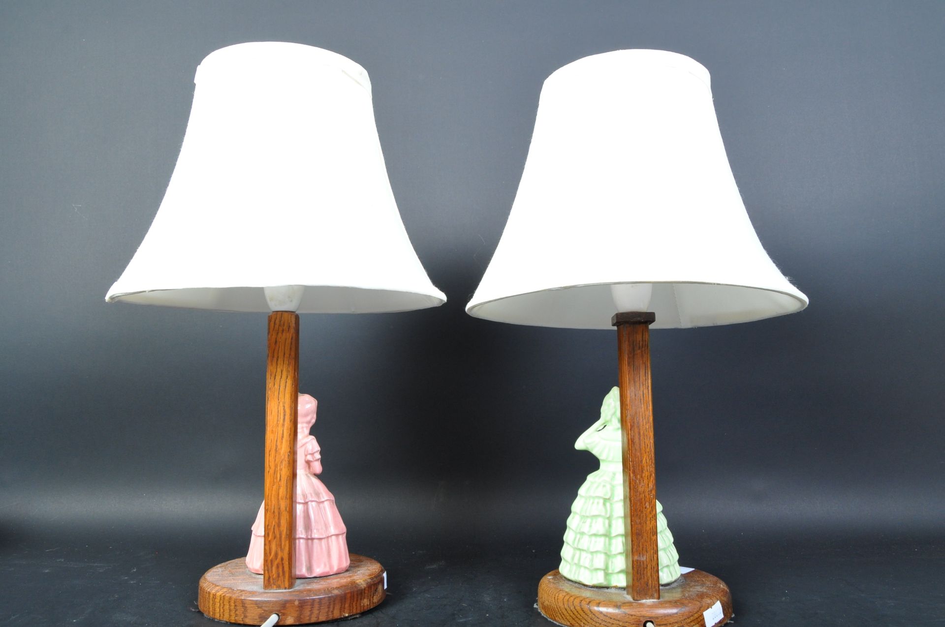 PAIR OF 1930'S ART DECO OAK & CRINOLINE LADY TABLE LAMPS - Image 5 of 5