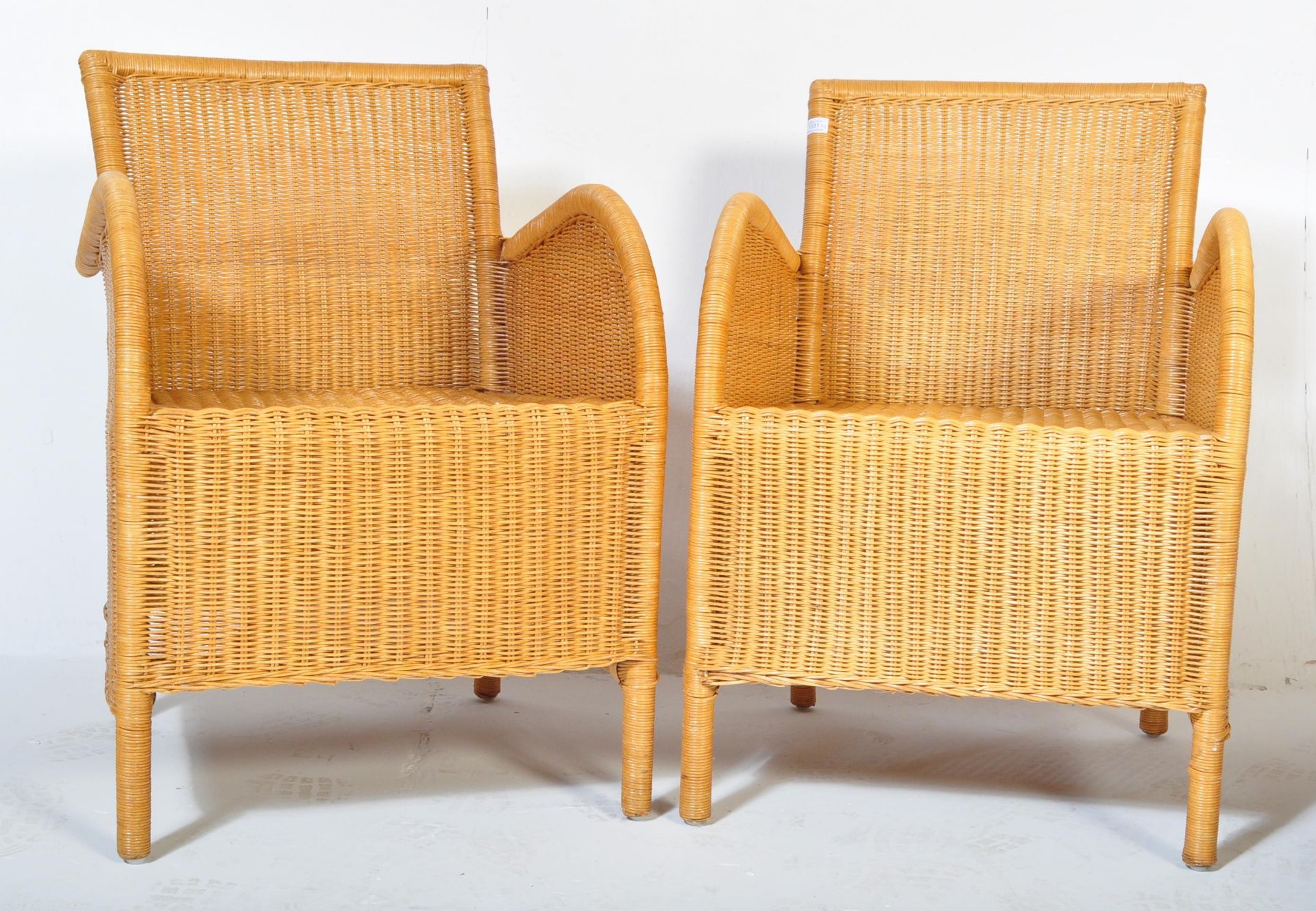 PAIR RETRO 20TH CENTURY WICKER RATTAN WEAVE ARMCHAIRS